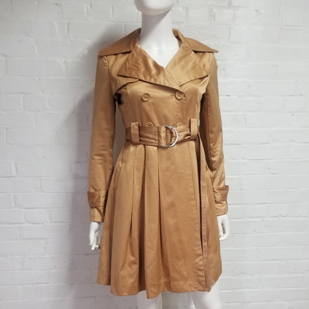 BEBE Tan Satin Trench Coat Pleated Beige Jacket XS